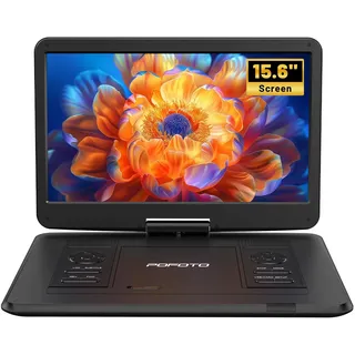 POFOTO 17,5'' Tragbarer DVD-Player mit 15,6'' Drehbarem HD-Display, 6h Akkulaufzeit, Unterstützt Mehrere Formate/SD/USB, TV/Projektor-Sync, Stoßfest & Speicherfunktion, Stereo-Lautsprecher (Schwarz)