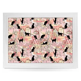 Gepolstertes Knietablett mit Katzenmotiv, Motiv: Café, Katzen, Laptop-Tablett für Bett, Knietablett für Fernsehen, Abendessen, Knietablett zum Essen mit Kissen, handgefertigter Holzrahmen (Rosa)