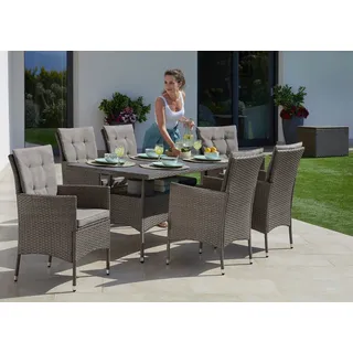Konifera Garten-Essgruppe »Mailand«, (19 tlg.), 6 Sessel, Tisch 150x80 cm, Polyrattan, mit GRATIS-Zugabe: 1 Schutzhülle, grau/braun, - 94664341-0
