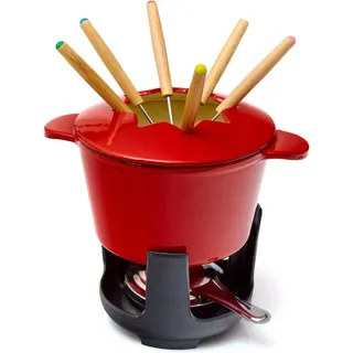 Bonvivre Gusseisen Fondue Set für 6 Personen - 1 Liter - Fondueset 13-teilig mit Brenner und 6 Gabeln - mit Emaille-Beschichtun - Rot