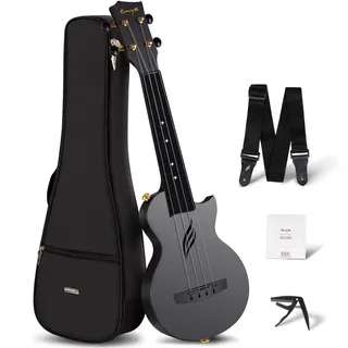 Enya Ukulele Sopran Nova U 21 Zoll Mini Kohlefaser Wasserdicht Ukulele mit Ukulele Anfänger Set Inkl Ukulelen Konzert Koffer, Gurt, Kapodaster und Saiten (Schwarz)