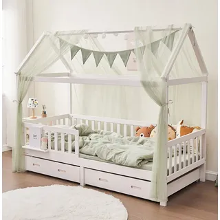 ALAVYA HOME ALAVYA HOME® | Hausbett Deko Set 4-TLG Hausbett Himmel, Mit Lichterkette – 2x Betthimmel + Wimpelkette aus 100% Bio-Baumwolle, 150x350 cm, Kinderzimmer Deko Mädchen & Jungen, Magisches Hausbett, Khaki