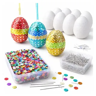 TK Gruppe Timo Klingler Styroporeier Ostern Basteln Set mit 10x Styropor Eier 6 cm & Bunte Pailetten & 1000 STK. Stecknadeln Ostereier zum Basteln & Dekoration