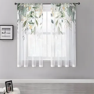 Surwin Vorhänge Wohnzimmer,Grüner Pflanzendruck Scheibengardinen, Gardinen mit ösen, 2er Set Vorhänge, Modern Transparent Tüll Gardine Wohnzimmer für Küche Fenster Wohnzimmer (Grün 6,130x120cm)