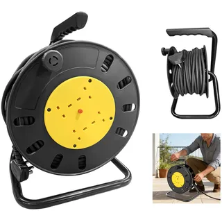 Schwerlast Kabeltrommel 50m, 4-Fach Steckdosen, 13A, Thermoschutz, Orange, Verlängerungskabel Outdoor für Elektrowerkzeuge & Garten
