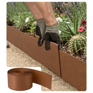 Corten Stahl Rasenkante 5 Meter – Metall-Garteneinfassung 15 cm hoch, Dicke 0,6 mm – Stahlkante für Rasenflächen, Metall-Rasenkante, inkl. Inklusive einem Paar Handschuhe und einem Metallverbinder
