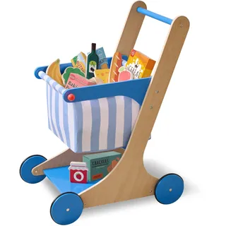 Teamson Kids Holz Einkaufswagen für Kinder mit Zubehör in Blau, Rollenspiel-Laden aus Holz zum Spielen