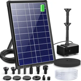 Biling Solar Springbrunnen für Außen mit 3600mAh Akku Solarbrunnen mit Glas Panel, Solar Teichpump mit 10 Sprühstilen für Vogelbad Mini Teiche Draussen Wasserspiel, mit 4ft Wasserleitung Wasserpumpe