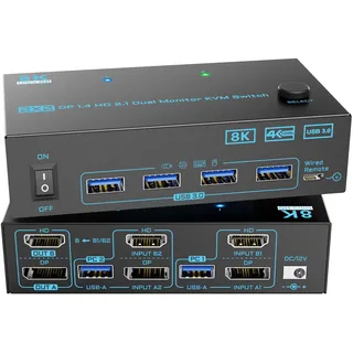 8K 2 Monitore 2 PC KVM Switch Displayport 1.4 + HDMI 2.1 Dual Monitor KVM Switcher 2 IN 2 OUT 2 Ports KVM-Switches Max Unterstützung 8K@60Hz/4K@144Hz für 2 PCs teilen sich 2 Bildschirme und 4 USB 3.0