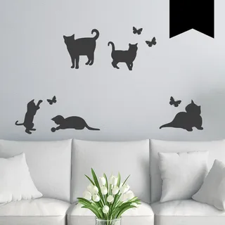 WANDKINGS Wandtattoo - 5 Katzen und 4 Schmetterlinge - 32 x 40 cm - Schwarz - Wähle aus 5 Größen & 35 Farben