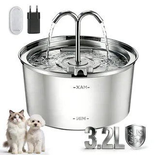 CIOXSOIO 3.2L Katzenbrunnen Edelstahl, Trinkbrunnen für Katze, Leise Katzen Trinkbrunnen, Automatic Katzen Trinkbrunnen für Katze und Hunde mit 1 Kohlefilter Und 12 Schaumfilter