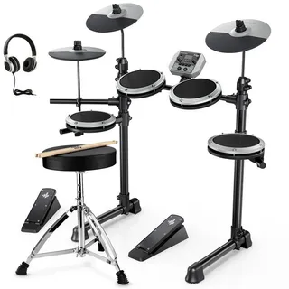 Donner E-Drum Elektronisches Schlagzeug mit 4 leisen Mesh-Pads DED-80,Ein komplettes E-Drum-Set, Kopfhörer/Sticks/Drumthron, 2 Pedale für leises Üben für Anfänger grau