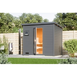 Woodfeeling Karibu Gartensauna Saunahaus Hytti 3 terragrau Energiesparende Saunatür 9 kW Bio-Kombiofen inkl. Steuergerät inkl. 8-teiligem gratis Zubehörpaket (Gesamtwert 191,92€)