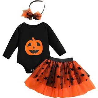 Yassiglia 0-24 Monate Baby DREI Stück Kleidung Set Halloween Kostüm Kinder Babykleidung Outfit Mädchen Festival Kleid Neugeborene Strampler Stirnband Rock (Schwarz Orange, 12-18 Months)