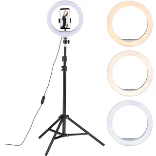 Relaxdays LED Ringlicht mit Stativ, 10" Ringleuchte dimmbar, Make-up, Fotografie & Videos, Lichtring Handy, weiß/schwarz