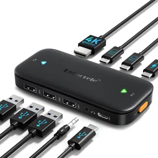 Lemorele KVM-Umschalter USB-C 2 In 1 Out mit 4 Ports (3*USB-A+1*Type-C) für Maus, Tastatur, Tragbare Festplatte, USB-Stick usw, PD 100W Netzteil