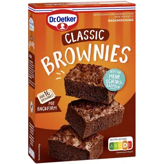 Dr. Oetker Brownies, 8 x 456 g, Backmischung für dunklen Rührteig mit Raspelschokolade zum Zubereiten von 16 Brownies, inkl. praktischer Backform