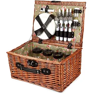 Bingo-Shop Picknickkorb für 4 Personen Inklusive Bestecksets, Korkenzieher, Weingläser und Keramikteller - 29 x 20 x 41cm Picknickkoffer Picknickset Picknick Korb