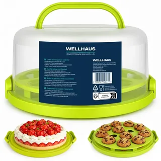 WELLHAUS Kuchen Transportbox mit Deckel - Torten Transportbox für Kuchen Blechkuchen Muffins & Cupcakes, Torte Kuchenbehälter mit Haube aus Kunststoff Passend (Grün, Rund 30 x 15,3 cm)
