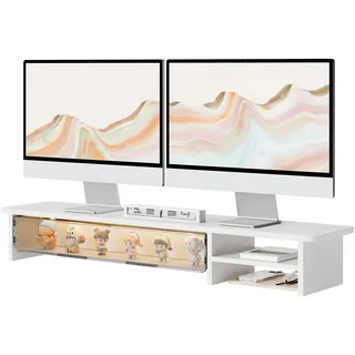 Fenge Dual Monitorständer,mit Acryl Blindbox-Schublade,108cm,Weiß | monitorständer mit schublade,für home,office,Spiel,ideal für Blindbox-Liebhaber,108×23.5×15.5cm,Tragfähigkeit 40kg