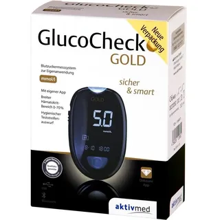 aktivmed Gluco Check Gold Blutzuckermessgerät Set mmol/l 10 Teststreifen