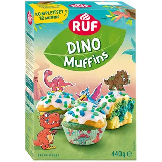 RUF Dino Muffins Komplettset Backmischung für dreifarbige Muffins mit Zuckerglasur, bunten Dino-Streuseln und Motiv-Pickern, lustiger Backspaß mit Kindern, ideal für Geburtstage, inkl. Förmchen