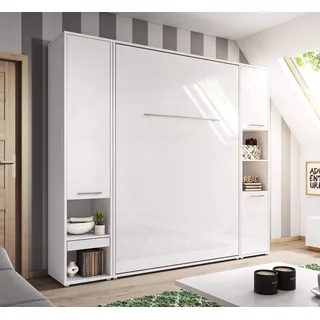 QMM TraumMoebel Schrankbett Wandbett Wandklappbett 140x200 vertikal CP178 mit Lattenrost und 2 Regalen weiß, Bettschrank Gästebett neu
