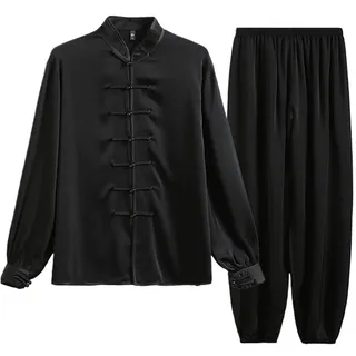 LVCHAO Taiji-Sommeranzug aus Eisseide, Tai Chi, Uniform, langärmelig, Wushu-Übung, traditionelle Kleidung für Senioren, Anfänger, Herren, Damen (Schwarz, XL)