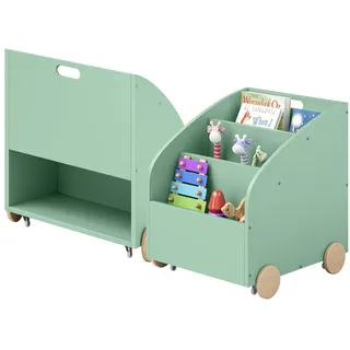 bellabino Bücherregal für Kinder Towy mit Rollen, Kinderregal mit 3 Fächern für Bücher, Spielzeug Aufbewahrung mit Geheimfach, mintgrün/Natur