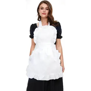 LilMents Damen Rüschen Outline Retro Taschen Schürze Küche Kochen Reinigung Dienstmädchen Kostüm weiß - X-Small to X-Large