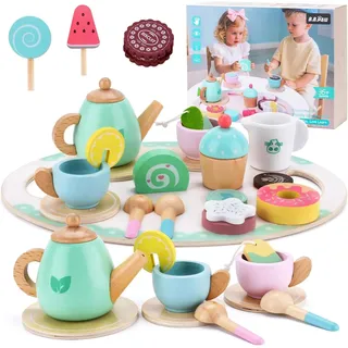 Teeservice Kinder Holz,Teeservice Kinderküche Zubehör,Holzspielzeug Küchenzubehör mit Teekanne,Tassen,Dessert-Spielzeug,Löffeln & Zubehör,Holzspielzeug Geschenk für Mädchen Jungen ab 3 Jahre