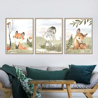 3er Set Poster Kinderzimmer Bilder Deko Junge Mädchen Poster Kinderbilder, Dschungel Tiere Wandbilder Babyzimmer Kinderposter (B,30x40cm)