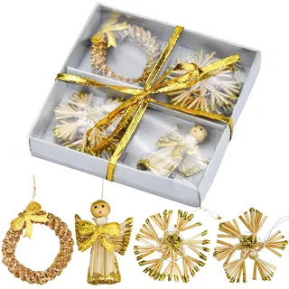 KARAA 8 Strohsterne Set für Christbaumschmuck Wetterfest Weihnachten Baumschmuck Weihnachtsbaum Anhänger Gold Weihnachtsdeko