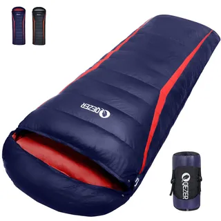 QEZER Daunenschlafsack Ultraleicht Schalfack kleines Packmaß mit Premium Daunen 8°C bis -3°C für Erwachsener und Kind Camping Wandern und Trekking Outdoor 4 Jahreszeiten (Blue-UK), Qde-yd600