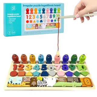 Holz Montessori Puzzle Spielzeug,Multifunktionale Holzpuzzles,Lernspielzeug,Busy Board Montessori,4 in 1 Zahlen Holz,Lernspielzeug ab 3 Jahre,Angelspiel,Montessori Kinder Spielzeug für ab 3 Jahre