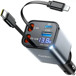 Gritin 4 in 1 Zigarettenanzünder USB C 69W Auto Ladegerät Adapter Kfz 12V, Camping Wohnmobil Auto Zubehör, Travel Essentials mit Spannungsanzeige, Car Accessoires für iPhone 16/17 Pro Max Plus&Galaxy