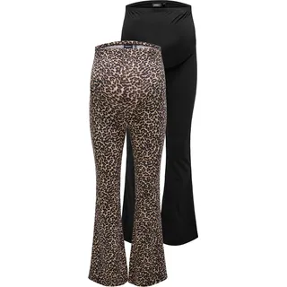 Only Maternity Umstandsleggings ONLY MATERNITY "OLMLOVELY LEO FLARED PANT 2-PACK NOOS", Damen, Gr. XXL (44), N-Gr, schwarz pack:schwarz aop leopard, Jersey, Obermaterial: 95% Baumwolle, 5% Elasthan, bedruckt, unifarben, normal, Hosen