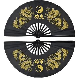 Klappbarer Handfächer – Fächer for rechte und linke Hände, Tai-Chi-Aufführungsfächer, Kampfsport-Fächer, Kung-Fu-Fächer, Cosplay-Fächer, schwarze Abdeckung, China, viele Muster, dekorativer Fächer (Fa