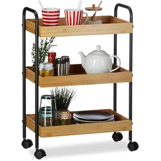Relaxdays Rollwagen, 3 Ablagen, natürliche Optik, 360° drehbare Rollen, Stahl, HxBxT: 70x50x28cm, natur/schwarz