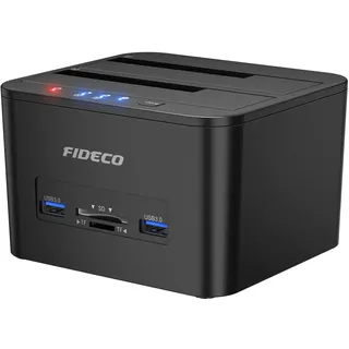 FIDECO Festplatten Dockingstation, USB 3.0 Dualschacht Festplatten Docking Station Offline Klonfunktion für 2,5 Zoll & 3,5 Zoll HDD SSD SATA, Unterstützt TF & SD Karte, Unterstützen UASP