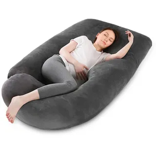Otauoaea Schwangerschaftskissen, J-förmiges Ganzkörperkissen, Stillkissen XXL, Seitenschläferkissen zum Schlafen für Schwangere mit Abnehmbarem und Waschbarem aus Samtbezug, 145x70cm(Dunkelgrau)