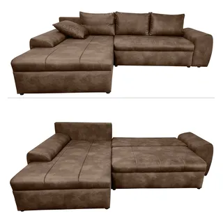 luma-Home 18014/ Vintage Ecksofa mit Schlaffunktion & Bettkasten, Braun | B266/T186/H90 cm, Ottomane links, Wellenunterfederung, gemütliche Lounge Couch, Bezug Mikrofaserstoff in Leder-Optik