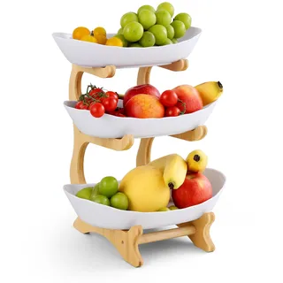 Goldeluxe Etagere 3 Etagen – 3-Stöckige Obstschale Aus Premium-Kunststoff Mit Bambusständer, Servierteller Für Obst, Kuchen, Snacks & Süßigkeiten