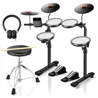 MK-0 Elektrisches Schlagzeug Set mit 4 Quiet Mesh Elektronischen Pads, 5 Zoll Kick Drum 12 Soundkits und 68 Authentische Sounds, USB MIDI, Thron, Sticks, Kopfhörer, 2 Schaltpedale für Anfänger