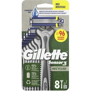 Gillette Sensor3 Recycled Einwegrasierer, 8 Rasierer mit 3-fach Klinge, Nassrasierer mit 95% recyceltem Kunststoff im Griff