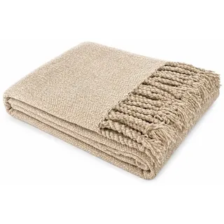 Wohndecke Winter Kuscheldecke mit Fransen » Chenille Wolldecke, VewoTex, Wohndecke im Boho Style » Couchdecke 130 x 170 cm » creme-braune Decke beige|braun