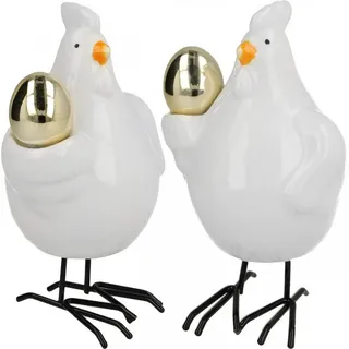 Florists Products Osterhase Deko Huhn mit goldenem Ei, Porzellan Osterfigur, Osterdeko Set, 2 Stü weiß