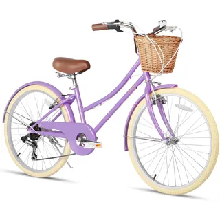Glerc 24" Mädchen Cruiser Bike 6-Gang Cruiser Frauen Hybird Fahrrad für Alter 7 8 9 10 11 Jahre alt mit Weidenkorb. Leichter Rahmen und Gabel, lila