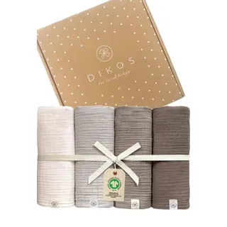 Babydecke Mulltücher 4er-SET gekreppt, Spucktuch 64x64 100% GOTS BIO-Baumwolle, DIKOS, PREMIUM Qualität atmungsaktiv, nachhaltig, plastikfrei, kuschelweich grau