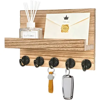 Kldgris Schlüsselbrett mit Ablage, Dekoratives Holz Wandregal, Schlüsselbrett Holz, mit 5 Schlüsselhaken, für Eingang, Flur, Schlafzimmer, Wohnzimmer (Holzfarbe)